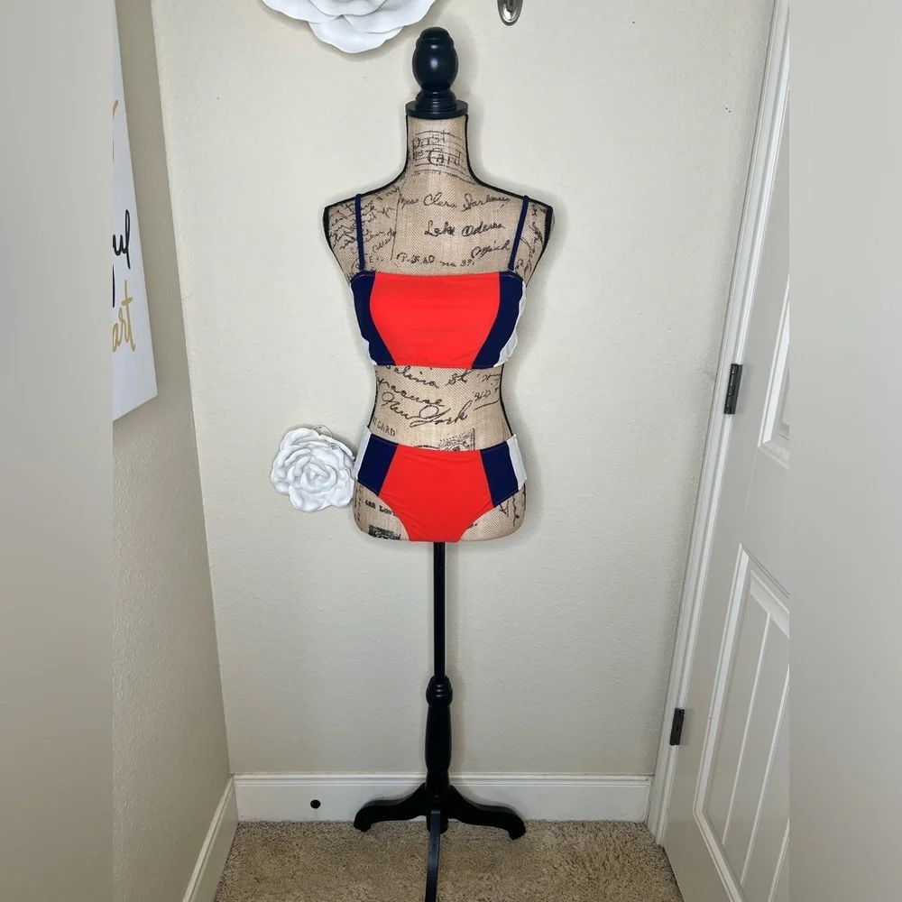 Cupshe Colorblock Bikini Set Orange Blue White Mid Rise Swim Size M - Picture 2 of 16